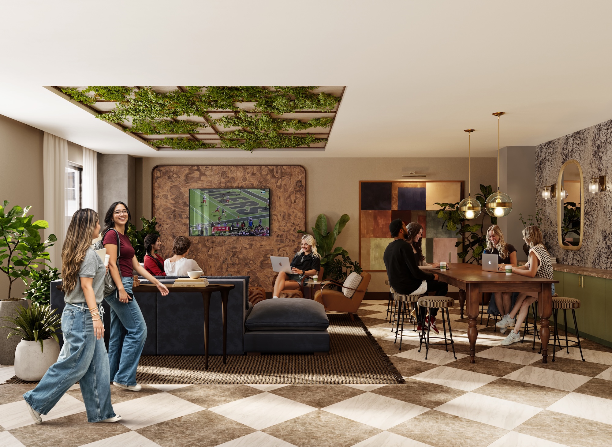 Purdue students hanging out in Rambler Riverfront's cozy club room