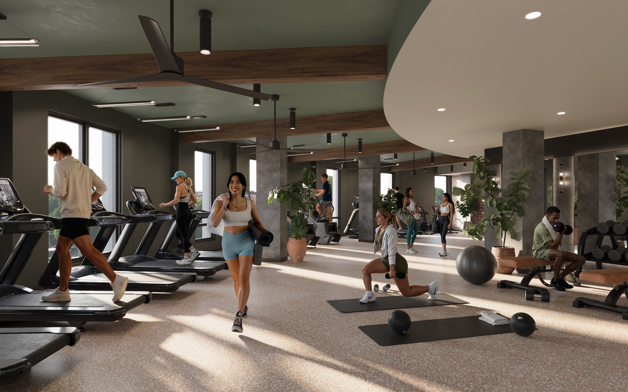Purdue University students working out in Rambler Riverfront's fitness studio