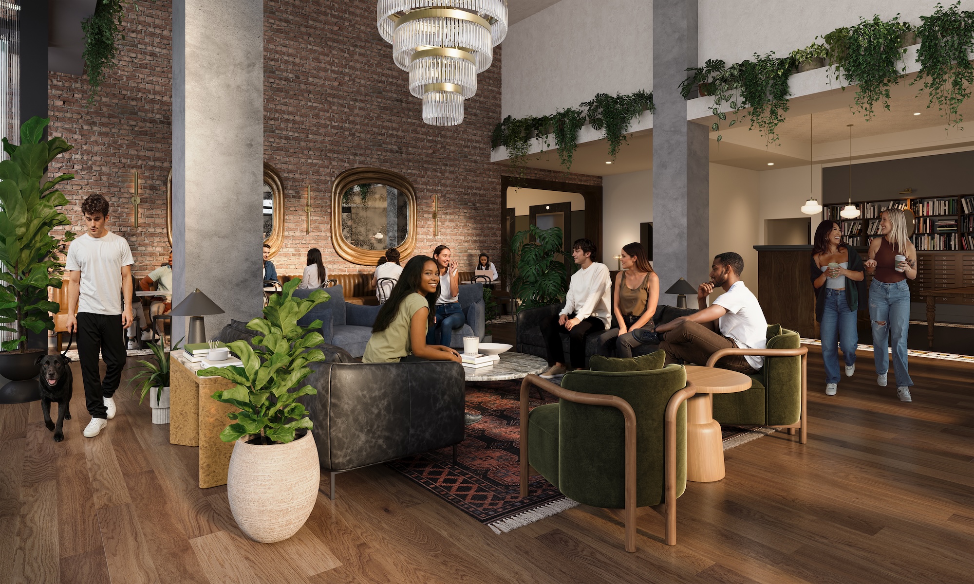 Purdue University students in the lobby of Rambler Riverfront in West Lafayette, Indiana